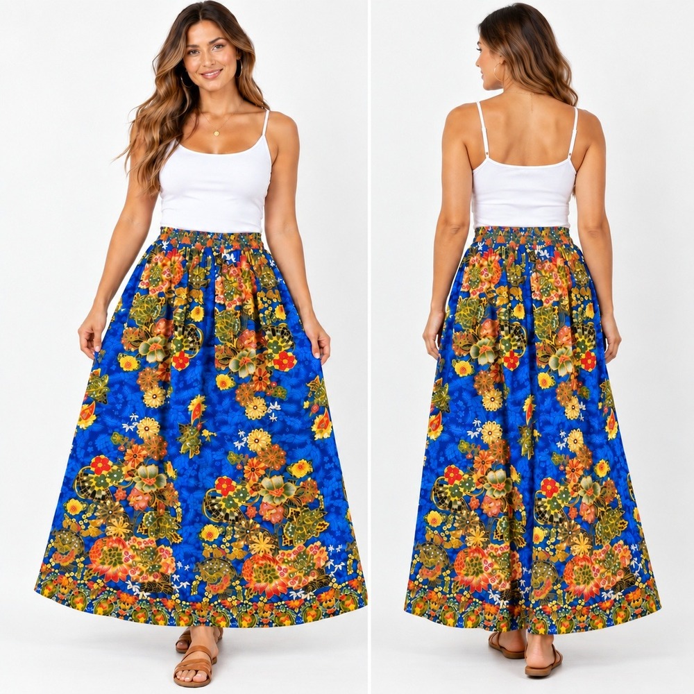 Vtg Blue Floral Batik Maxi Skirt Elastic Waist Tropical Boho A-Line Full Length